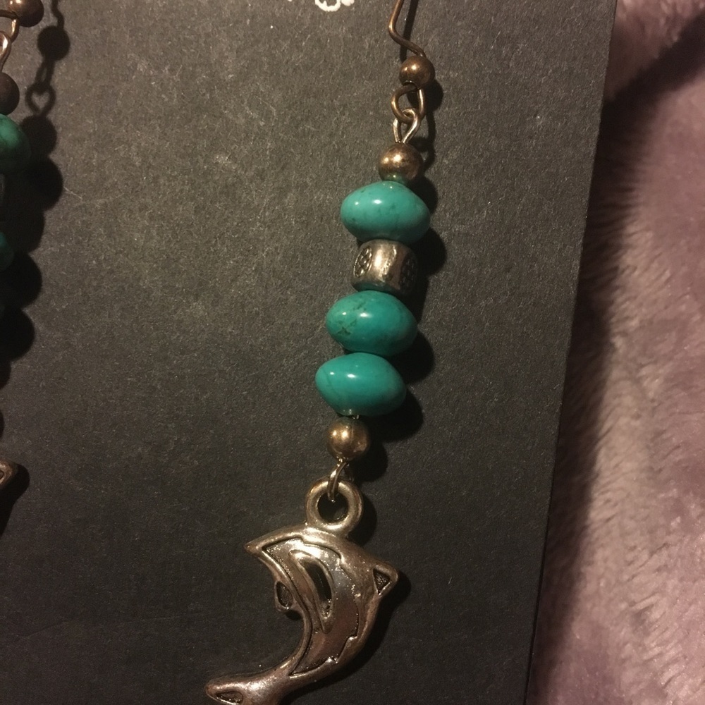 Turquoise Dolphin Drop Earrings Silver Tone Beaded Coastal Boho - Picture 3 of 4